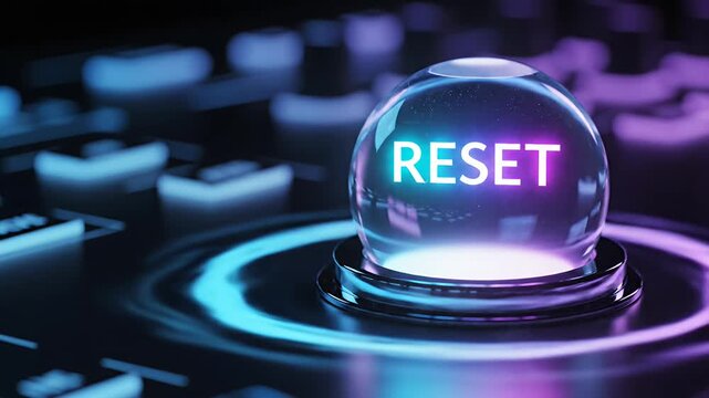 Glowing reset button on a futuristic neon computer keyboard