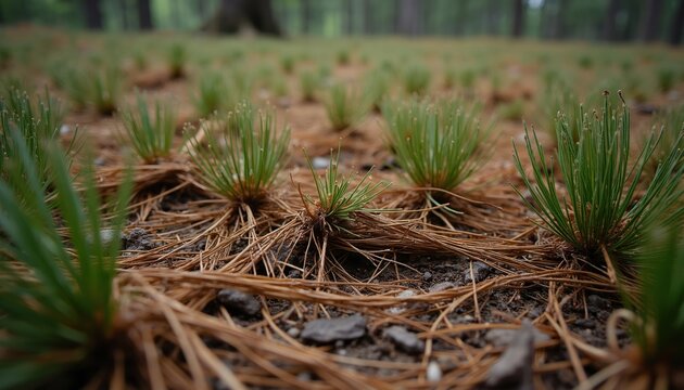 Young pine seedlings grow on forest floor covered with dry pine needles. Small green plants sprout from earthy soil in pine woods. Nature detail, ground level view, wild forest.