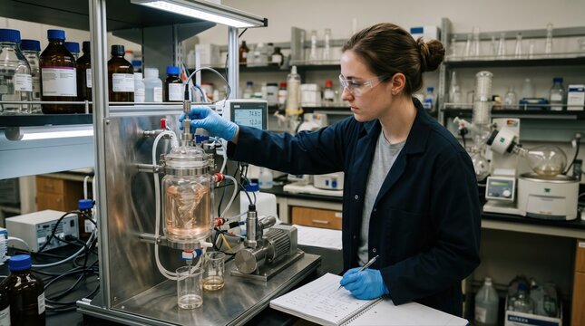 Medium shot of engineer monitoring synthetic ester hydraulic fluid characteristics during laboratory trials for sustainability.