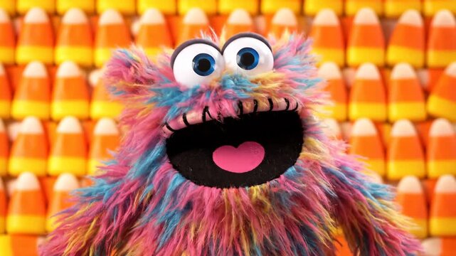 Colorful furry monster with big eyes against a backdrop of candy corn