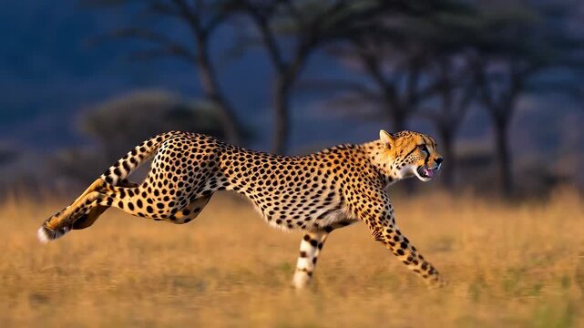 A dynamic action shot of a cheetah running at full speed across a dry African savanna at dusk