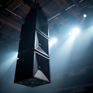 Large pro sound speakers hang from stage rigging with bright spotlights creating dramatic atmosphere. Concert audio setup for live music events. Powerful sound system installed.