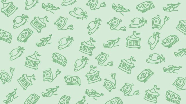 Pattern doodle holiday icons with planes, hats, cash money perfect for festive designs, greeting cards, wrapping paper, and backgrounds.