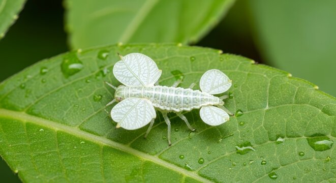 Ethereal White Flatid Planthopper Nymph with Fan Wings on a Dewy Leaf.