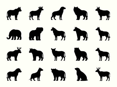 Wildlife Animal Silhouette Icon Set with Deer Bears Wolves Dogs and Seal Vector Collection