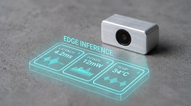 Edge inference device displaying latency, power consumption, and temperature, demonstrating advanced processing capabilities for real-time data analysis and decision-making