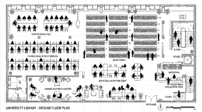Detailed vector floor plan of a university library ground floor showing layout with desks shelves seating and workspaces