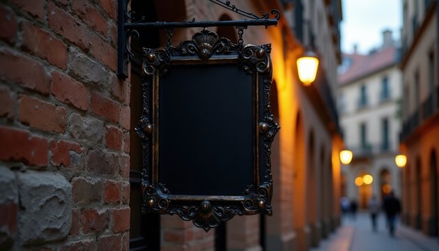 Ornate empty sign hangs on brick wall in urban alley at night. Old decorative frame displays blank space for text or graphics. Street lamps glow warmly.