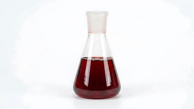 Conical flask filled with red liquid in scientific laboratory, test tube