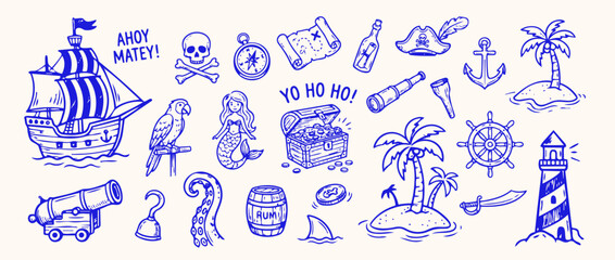 Ahoy Matey's Pirate Treasure: An illustrated ensemble of nautical elements conjures the thrill of swashbuckling adventures. © Saiid-Designs