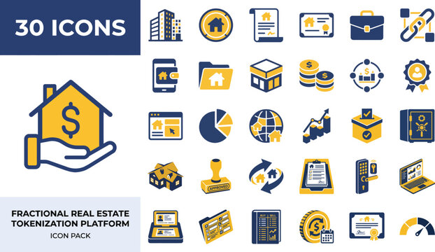 Fractional real estate tokenization and digital property investment icons