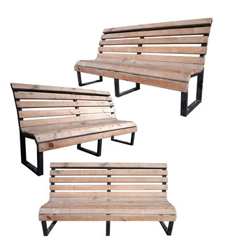 Simple wooden bench isolated on white background in multi angle collage