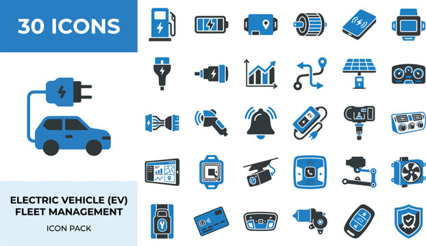 Ev fleet management icons for operations charging battery & route optimization
