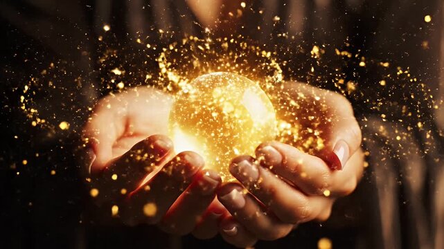 Hands cupping a glowing golden magical orb with sparkles