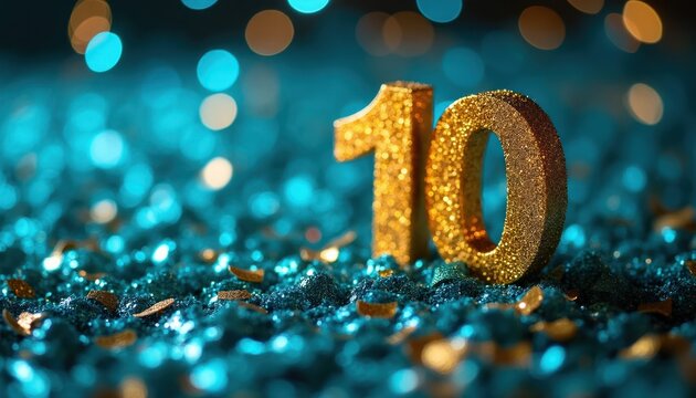 Gold glittery number 10 sits on sparkling blue sand with bokeh lights. Festive occasion background for a decade celebration, party or event.