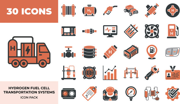Hydrogen fuel cell transportation and energy system icons featuring stack and nozzle