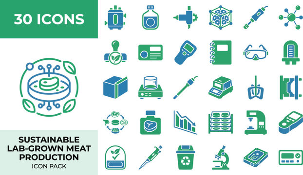 Lab grown meat production and sustainable lab icons with bioreactor and extruder