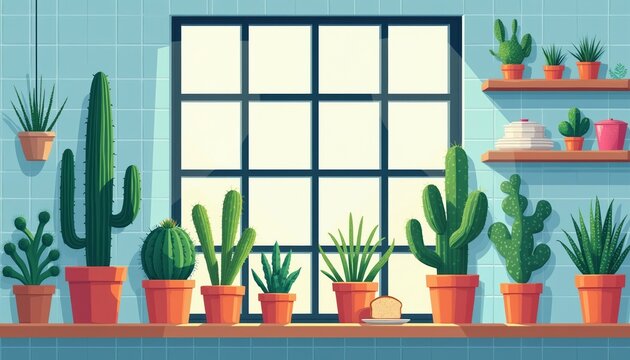 Diverse potted cacti and succulents grow on a shelf by a window. Indoor plants create a natural, fresh atmosphere in a clean, bright room. Sunlight streams through the glass panes.
