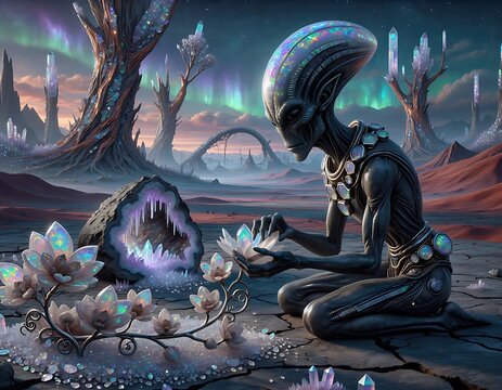 Alien entity kneeling in a surreal extraterrestrial landscape with glowing crystals and exotic flora.