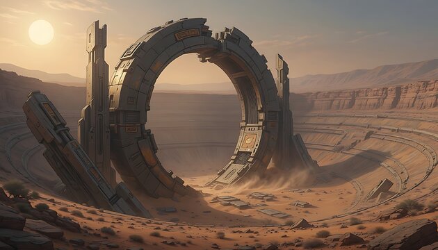 Ancient Alien Portal Structure in Desert Landscape.