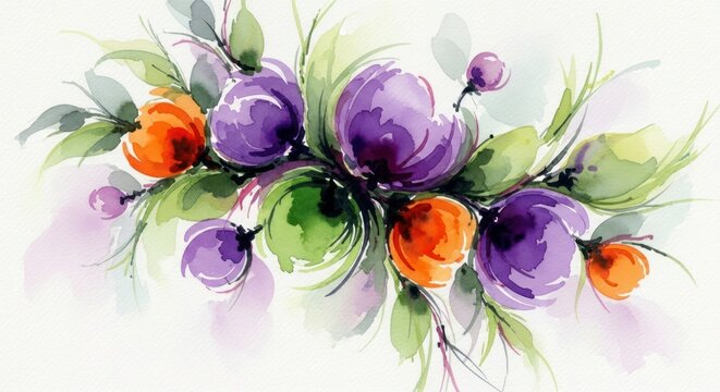 Lyrical Watercolor Bouquet with Vibrant Purple and Orange Blooms