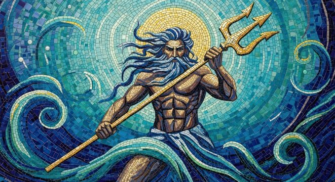 Intricate Mosaic of a Fierce Poseidon Emerging from Swirling Seas with a Golden Trident.