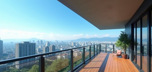 Naklejka premium Modern balcony with city view. Wooden floor deck chairs and potted plant on terrace. Clear blue sky over urban sprawl landscape. Tall buildings stretch to the horizon.