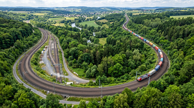 Passenger train traveling through lush green countryside in summer landscape