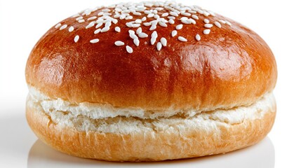 Fototapeta premium Golden Baked Brioche Burger Bun with Sesame Seeds and Fluffy Interior, Ready for Grilling