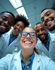 Fototapeta na wymiar Five scientists take a selfie in a modern lab. They wear white coats and smile for a group photo, celebrating research success and innovation together.