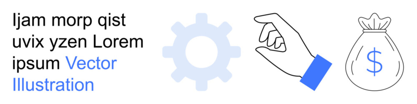 Business, process improvement, finance, investment, workflow, financial management. Hand pointing, gear icon money bag with a dollar sign. Finance and process improvement concept