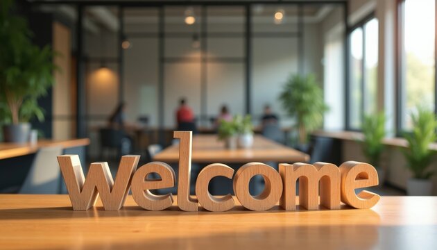 Wooden letters spell welcome on office table. Blurred background shows modern workspace with people. New employee greeting, onboarding, team integration.