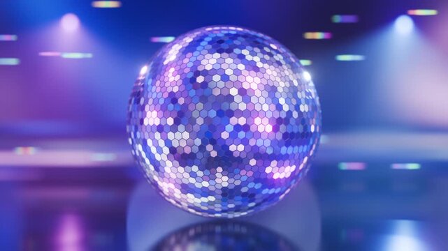 Glittering Shiny Disco Ball made up of Hexagon Tiles Spinning on a reflective surface Surrounded by Neon Lights Seamless Looping Motion Background VJ Loop