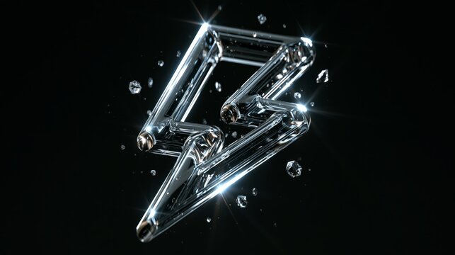 transparent glass lightning bolt with crystal gems on dark background