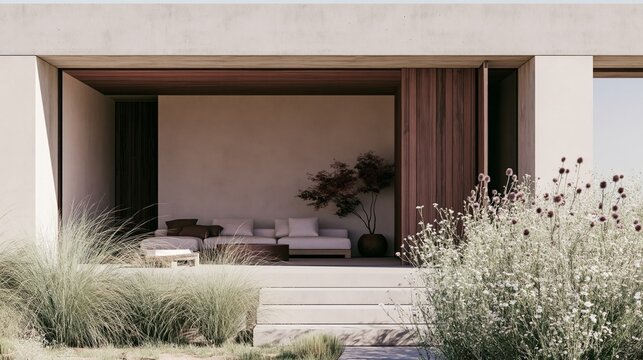minimal concrete terrace with ornamental grasses and wildflowers exterior