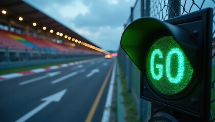 Fototapeta premium Green traffic light with GO signal at race track at dusk. Empty stadium seating, blurred asphalt road with arrows. Cars ready to start competition.