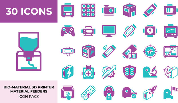 Bio material 3d printer feeders icon set for system operations with controller and monitoring