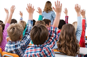 Fototapeta premium Diverse elementary school students enthusiastically raising hands to answer questions in a bright classroom setting