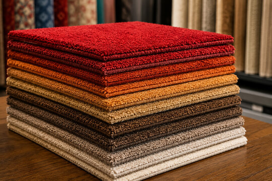 Stacked folded towels in warm tones on wooden surface