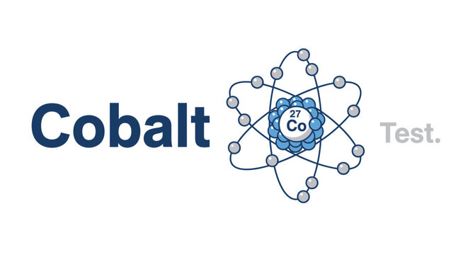 Vector illustration of Cobalt chemical element science concept. Graphic template features text and Cobalt atom structure model with electrons and nucleus, isolated on a white background.
