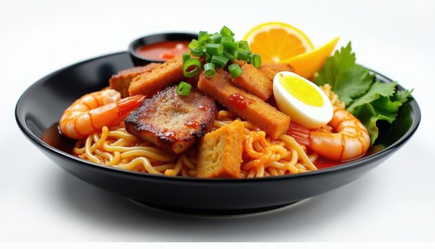 Filipino pancit palabok with noodles shrimp pork egg, orange sauce served on black plate with orange slice, cilantro garnish. Delicious asian meal presented beautifully for restaurant menu food blog.