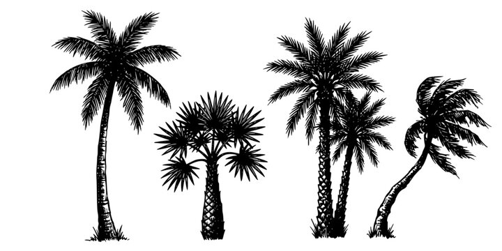 Silhouettes of four distinct palm trees with textured leaves and trunks in black ink
