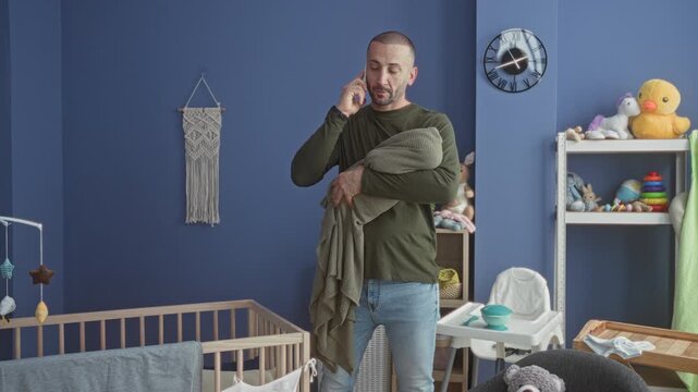 Man holding swaddled baby with phone to ear beside wooden crib and toy shelf in baby room studio; tenderness responsibility.