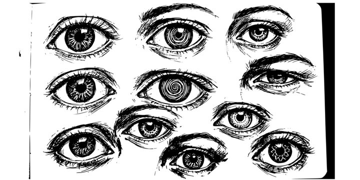 black ink sketch of human eyes with various detailed iris patterns and expressive strokes
