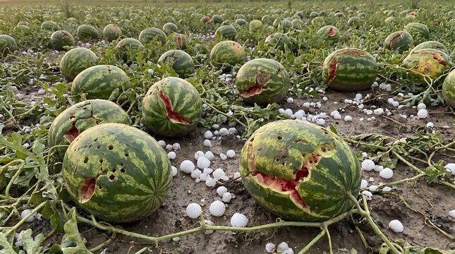 Devastated watermelon field showing severe hailstorm damage with cracked ripe fruit, broken vines, and ice pellets on muddy ground