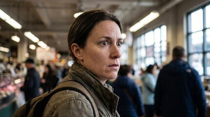 Fototapeta premium Shocked woman with wide eyes in crowded market