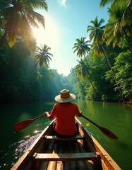 Obraz premium Man in Panama hat rows wooden boat on green river. Lush jungle with palm trees lines waterway. Sunbeams break through canopy creating peaceful, serene nature scene.