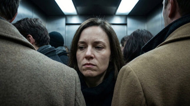 Depressed mature woman commuting in packed public elevator