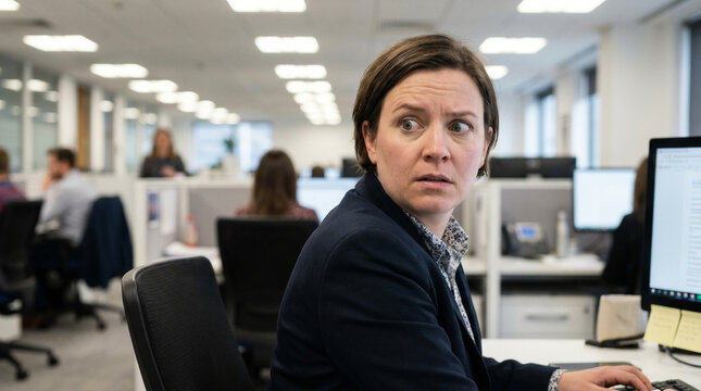 Shocked female office worker turning around at desk