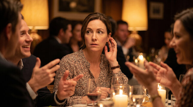 Distracted woman at dinner party feeling socially awkward